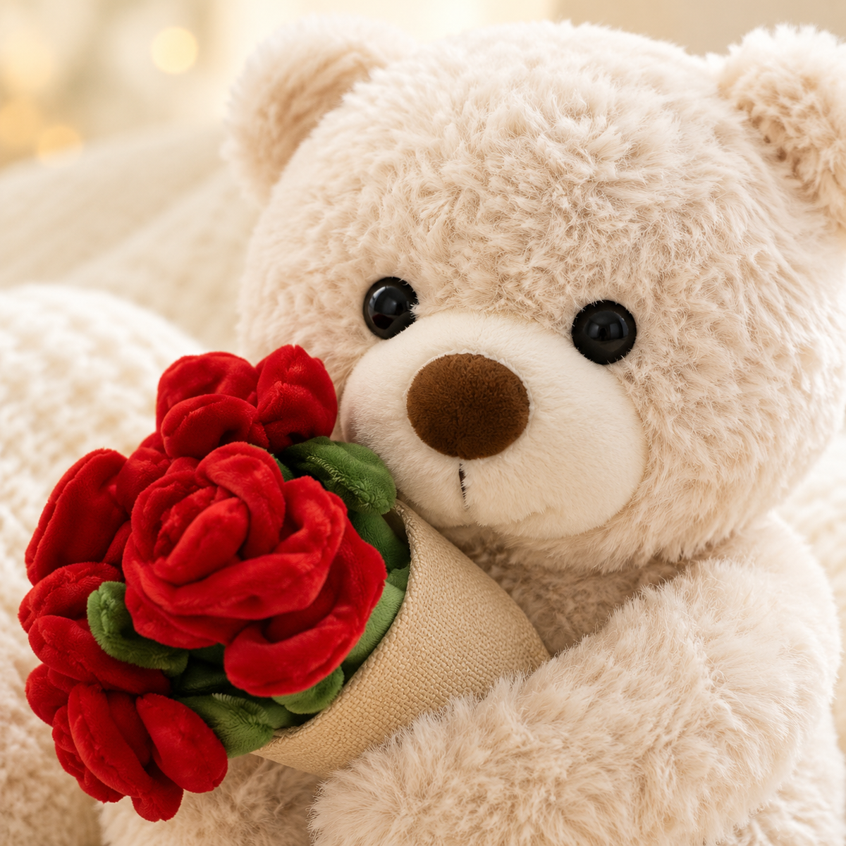 Close-up of soft white teddy bear holding red rose bouquet