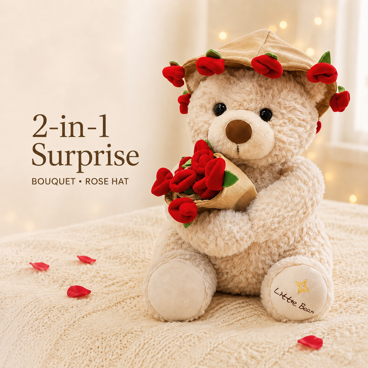 2-in-1 teddy bear gift holding red rose bouquet with wearable rose hat