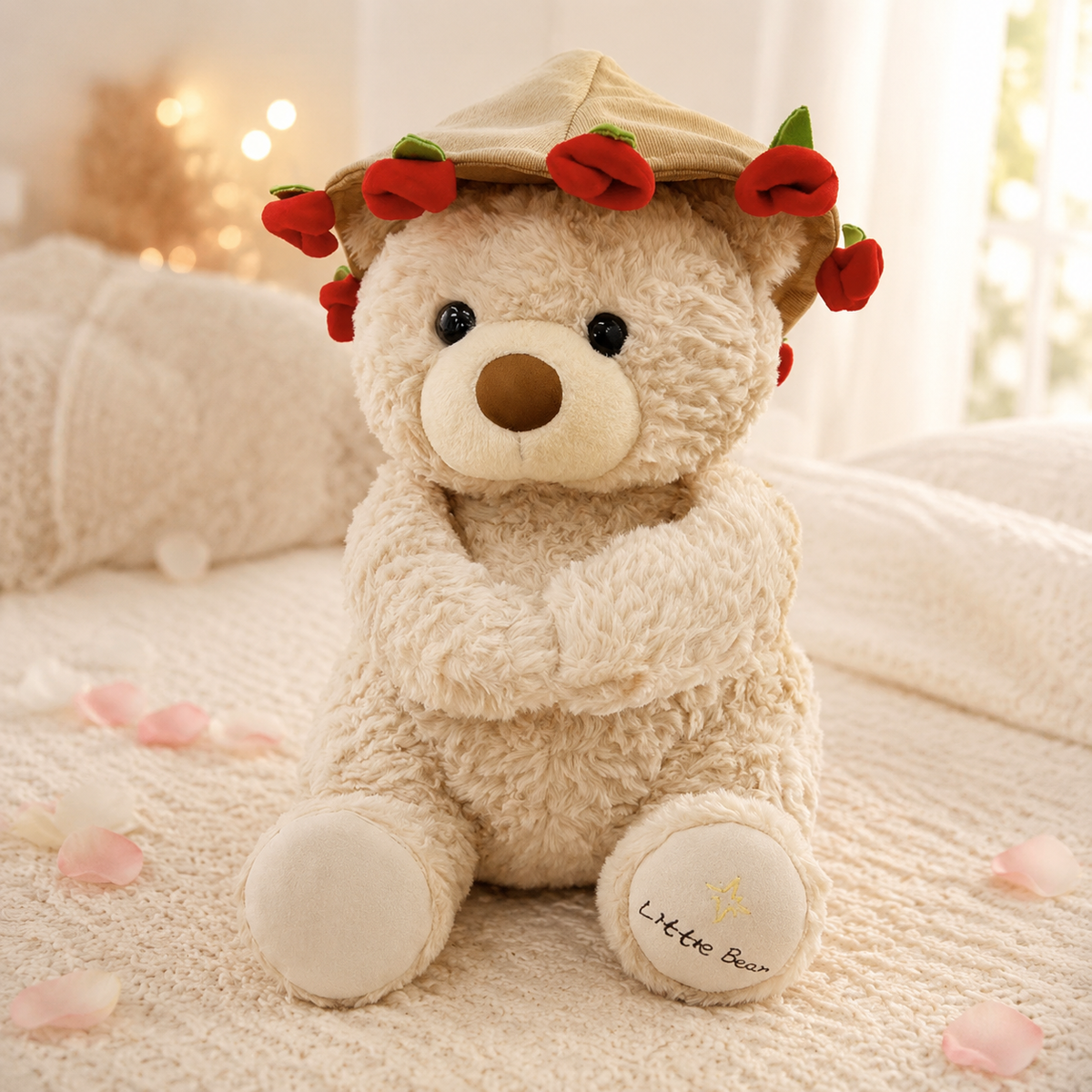 Beige teddy bear wearing red rose hat, 2-in-1 surprise gift for her